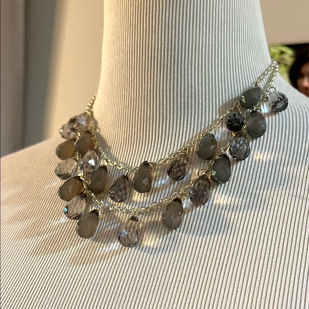 MULTIFACETED TEAR DROP BEADED DOUBLE STRAND NECKLACE CLEAR AND OPAQUE SMOKY GRAY